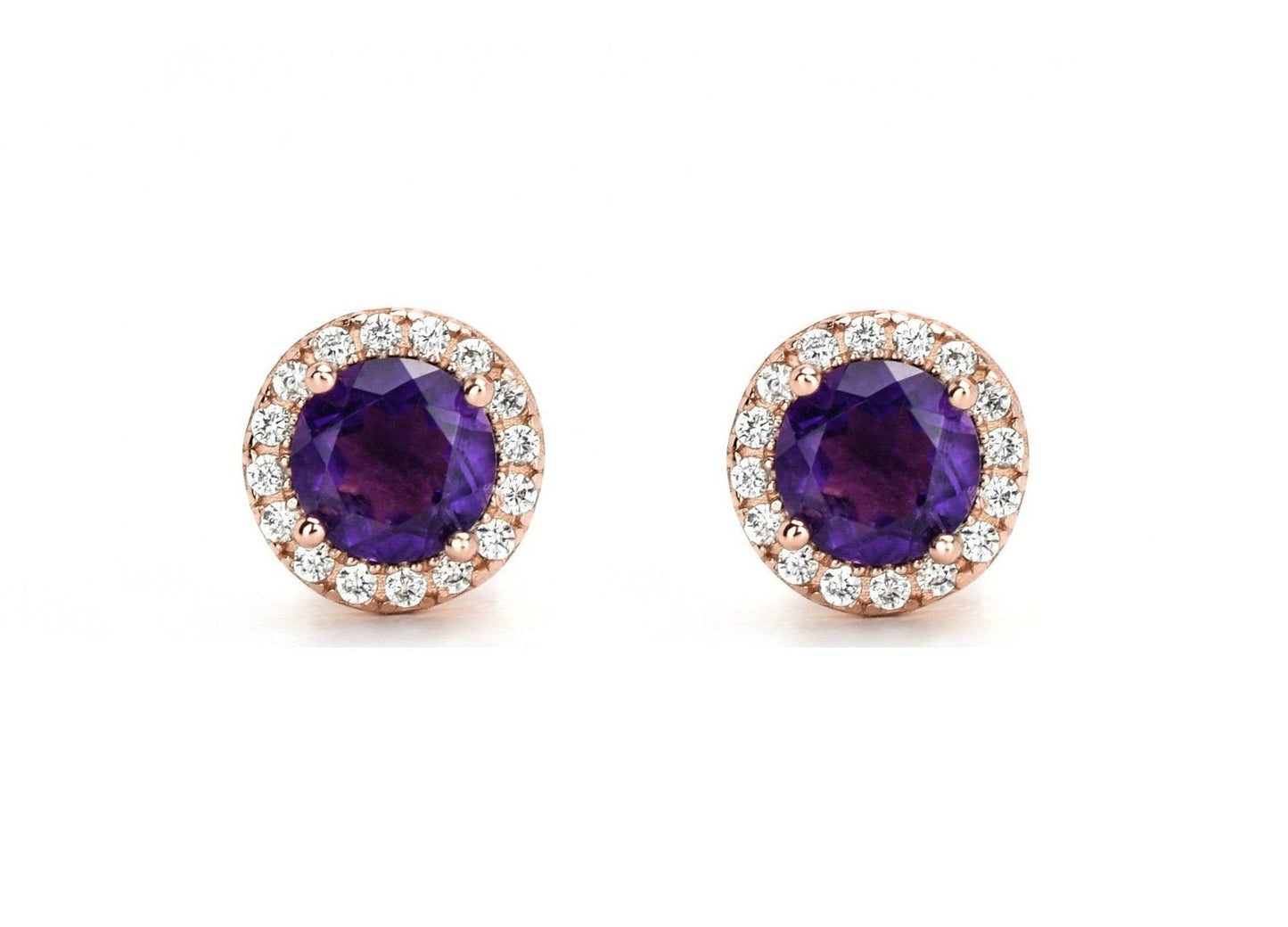 oorknoppen rond amethyst, paarse ronde oorbellen, amethyst paarse oorknoppen, halo oorbellen, kleine ronde oorbellen, birthstone oorbellen, geboortesteen oorbellen, gouden paarse oorbellen, rosegouden oorbellen, zilveren amethyst oorbellen