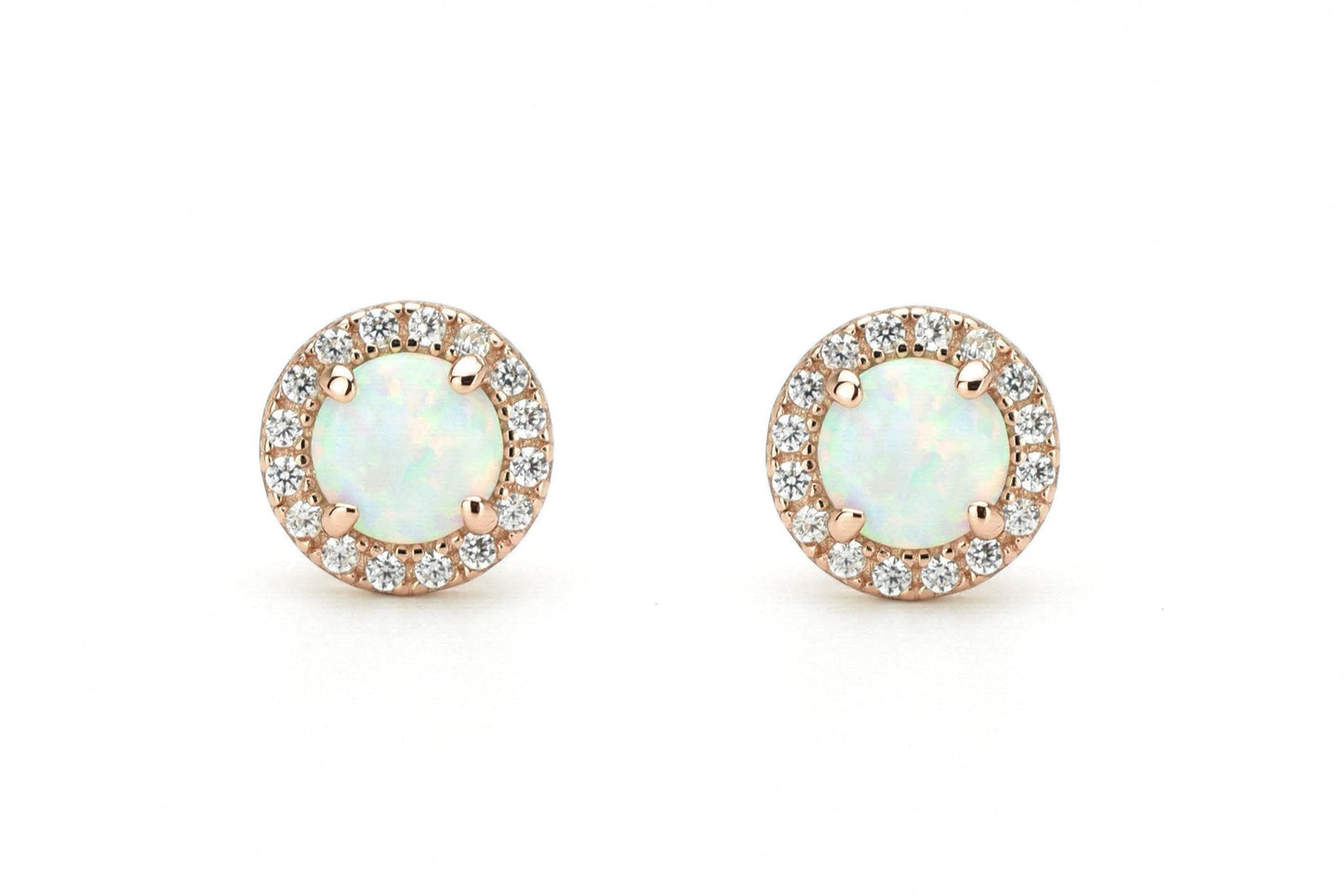 Opaal oorbellen gouden opaal oorbellen, opaal zilveren oorbellen, rosegouden opaal oorbellen, ronde opaal oorbellen, witte stenen oorbellen, birthstone opal, geboortesteen oorbellen, sieraden opaal, oktober sieraden, opaal ronde oorknoppen