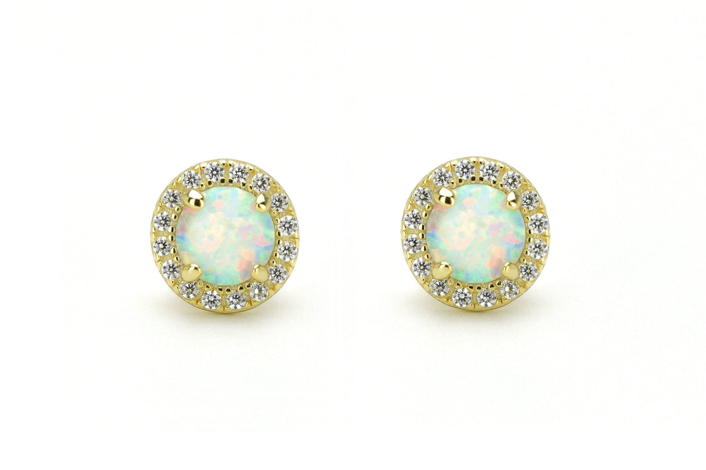 Opaal oorbellen gouden opaal oorbellen, opaal zilveren oorbellen, rosegouden opaal oorbellen, ronde opaal oorbellen, witte stenen oorbellen, birthstone opal, geboortesteen oorbellen, sieraden opaal, oktober sieraden, opaal ronde oorknoppen