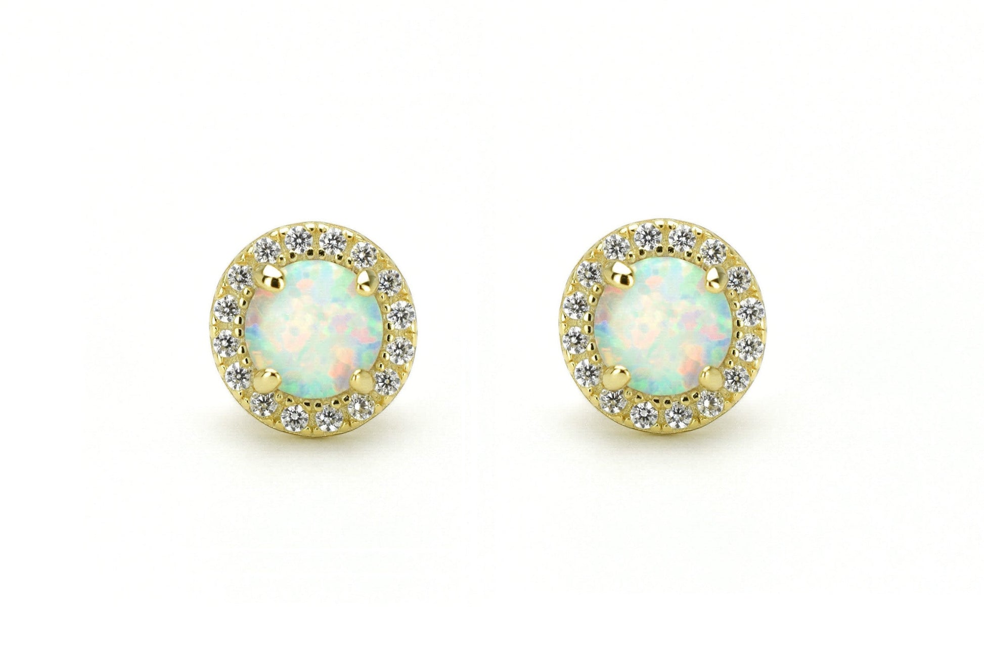 Opaal oorbellen gouden opaal oorbellen, opaal zilveren oorbellen, rosegouden opaal oorbellen, ronde opaal oorbellen, witte stenen oorbellen, birthstone opal, geboortesteen oorbellen, sieraden opaal, oktober sieraden, opaal ronde oorknoppen
