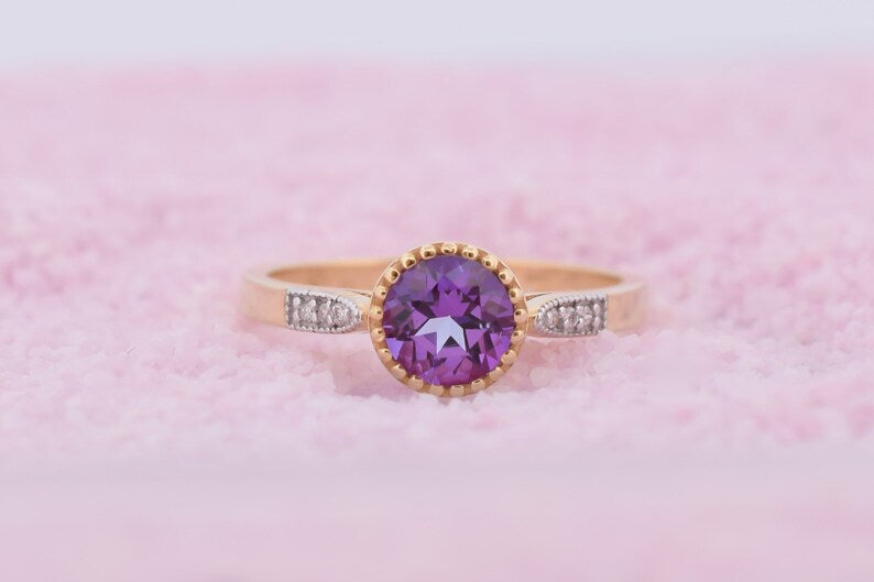 14K Goud June Amethist Diamant Ring