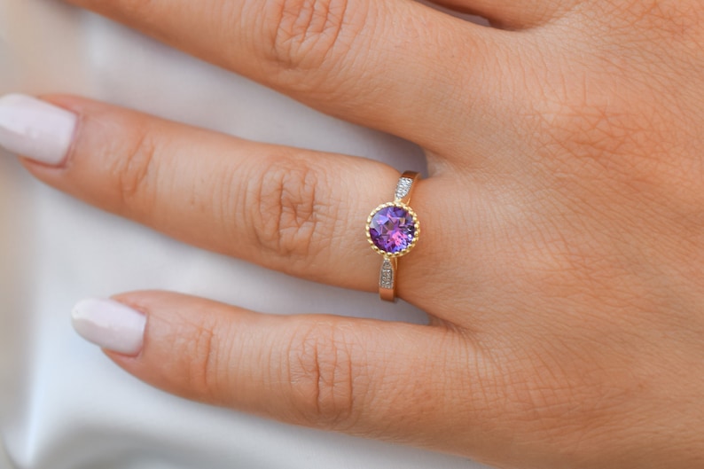 14K Goud June Amethist Diamant Ring